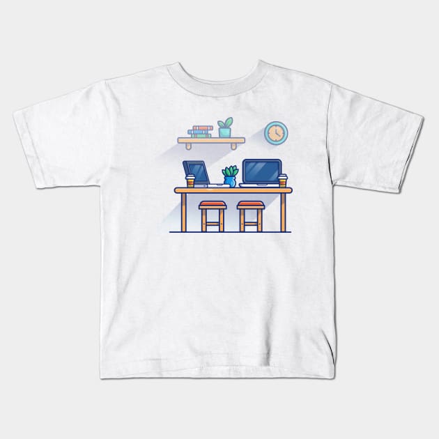 Table, Chair, Laptops, Plant, Clock, Books, And Cups Cartoon Kids T-Shirt by Catalyst Labs